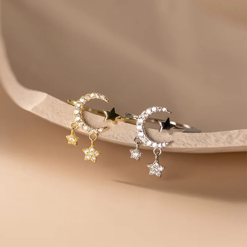Fashion Wholesale 925 Sterling Silver Geometric CZ Zircon Moon Star Shape Wedding Ring for Women Fine Jewelry