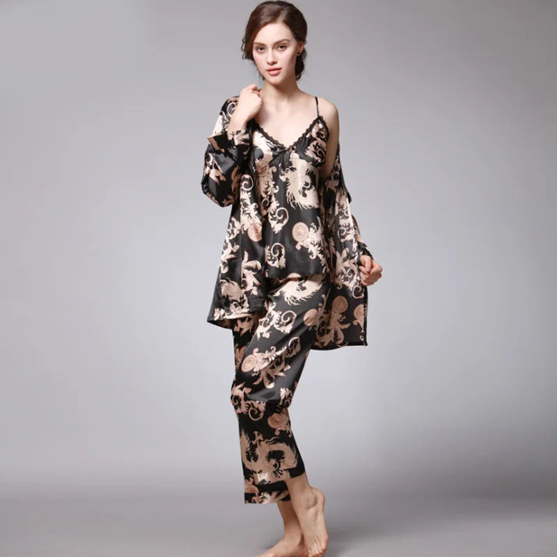 Luxury Women Pajamas and Long Robe 3-pcs Set Home Wear Ice Silk Fabric Red / Navy/ Camel Color Pajamas Set