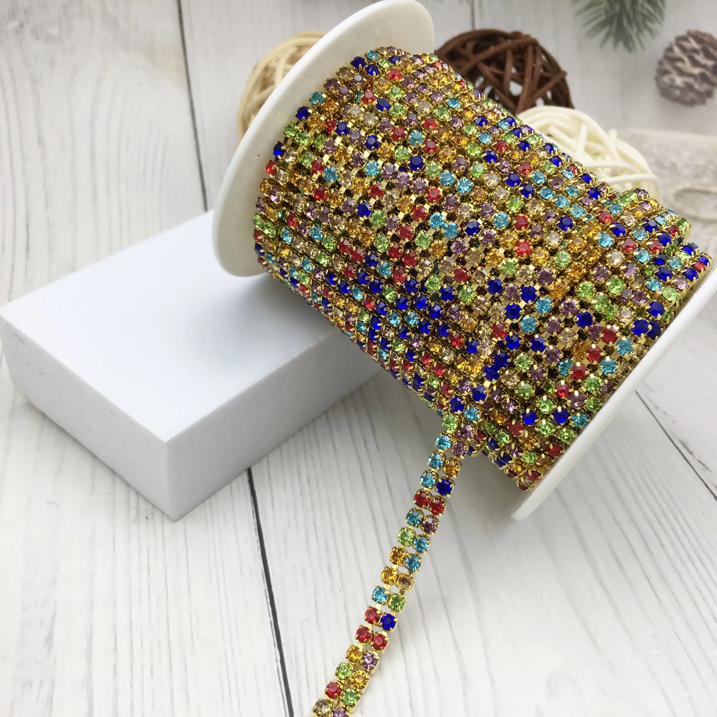SINRONG 2 Rows Loose & Tight Claws SS12/3mm Glass Rhinestone Decorative Chain Sew-On Shoe Accessories