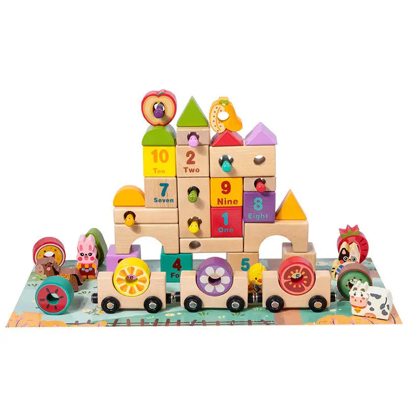 Custom Montessori Children Wooden Farm Animals Train Set City Building Blocks Set Educational Creative Stacked Toys for Kids