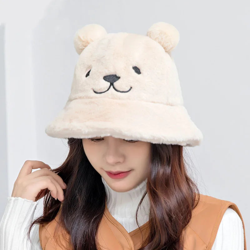 Winter Hat for Women Plush Bear Ear Bucket Hat Cute Basin Caps for Girls Warm Fisherman Cap Outdoor