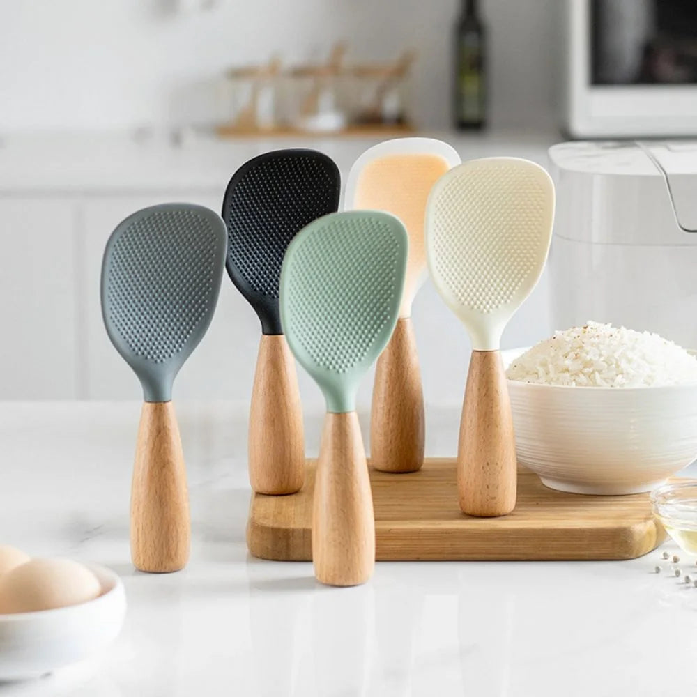 Silicone Rice Scoop Spatula with Wooden Handle Restaurant Kitchen Utensils for Cooking Essentials for Serving and Storing Rice