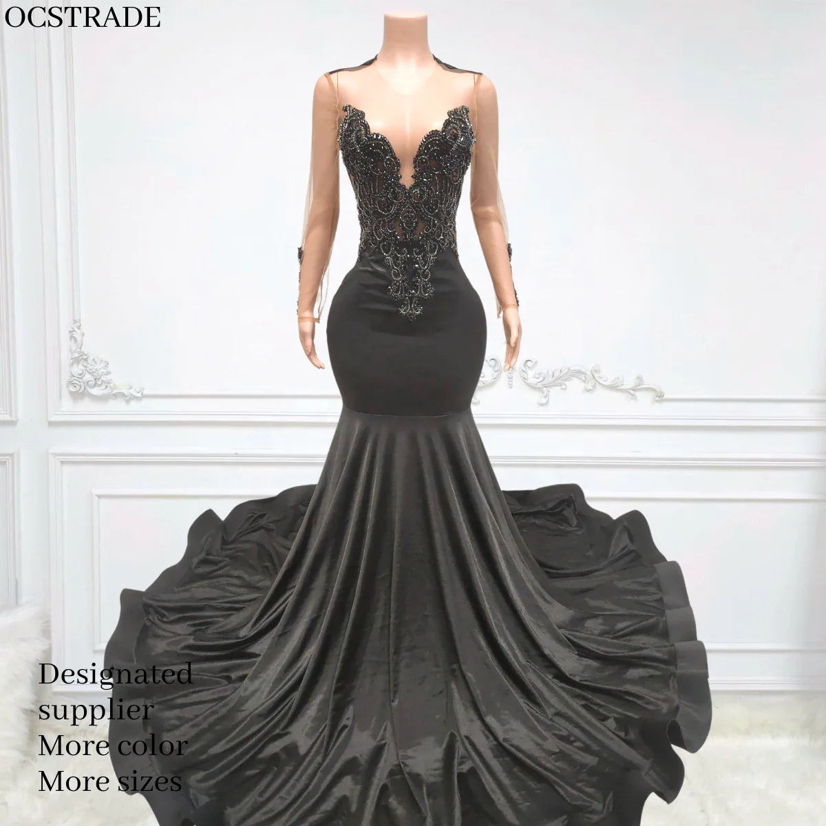 Ocstrade New Arrivals Crystal Elegant Ladies Black Prom Dress Long Mesh Sleeves With Applique Open Back Prom Dresses Ball Gown