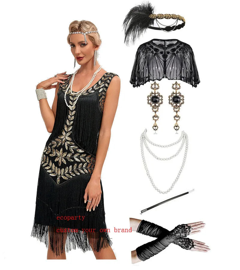 Ecoparty Women's Flapper Dresses 1920s Fringed Sequin Great Gatsby Dress With 20s Accessories Roaring 20s Costumes