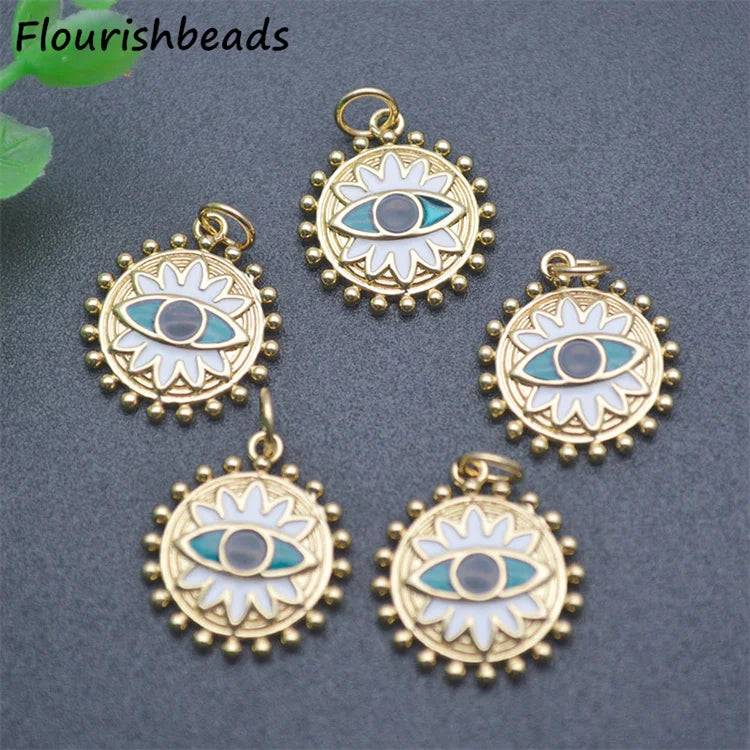 High Quality Nickel Free Anti Fading 18K Gold Plated Round Enamel Flower Eye Charms for Jewelry Necklace Making
