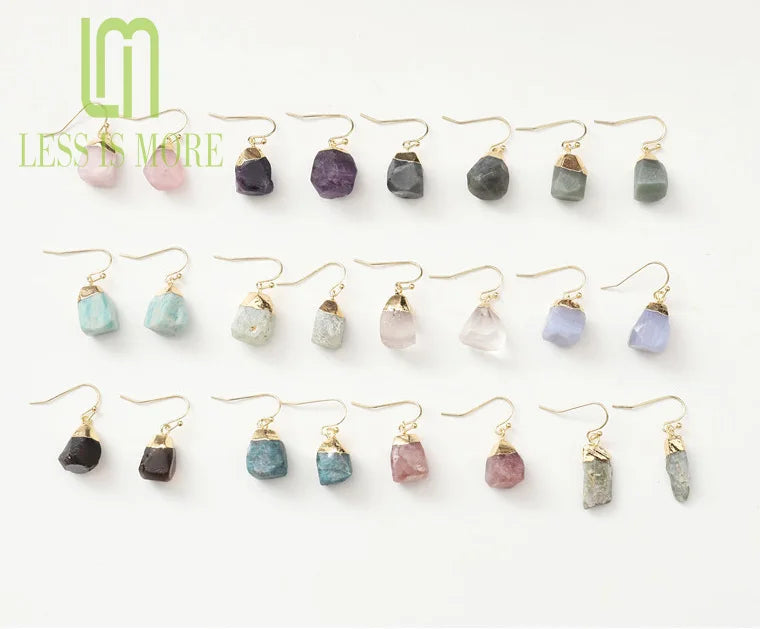 2023 Bohemian New Fashionable Natural Irregular Raw Healing Crystals and Gem Stones Drop Earrings With Gold Plated for Women