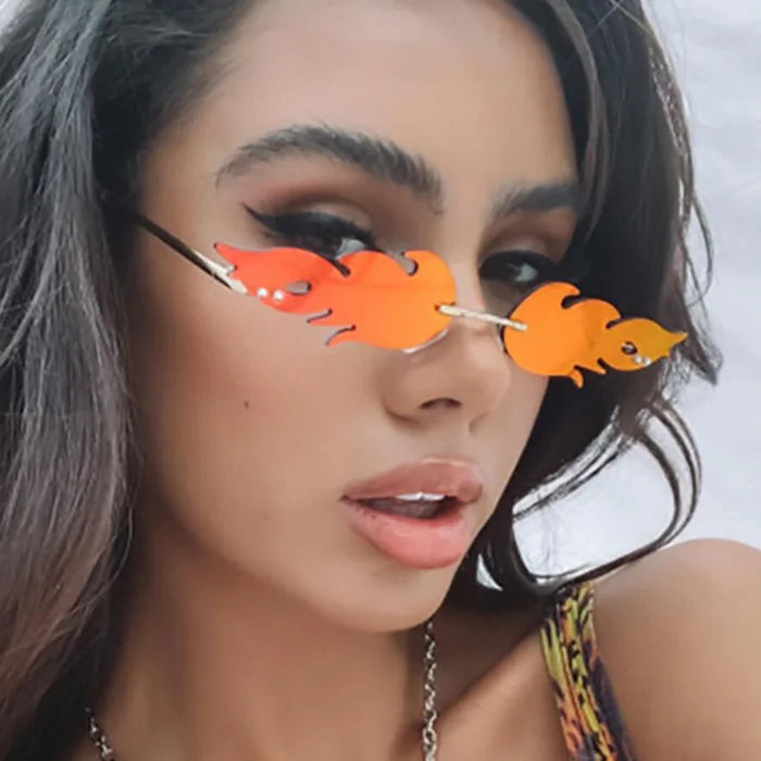Cheap Hot Sale Vintage Luxury Trending Women Men Sunglasses UV400 Rimless Fire Flame Copper Frame PC Lenses Mix Color