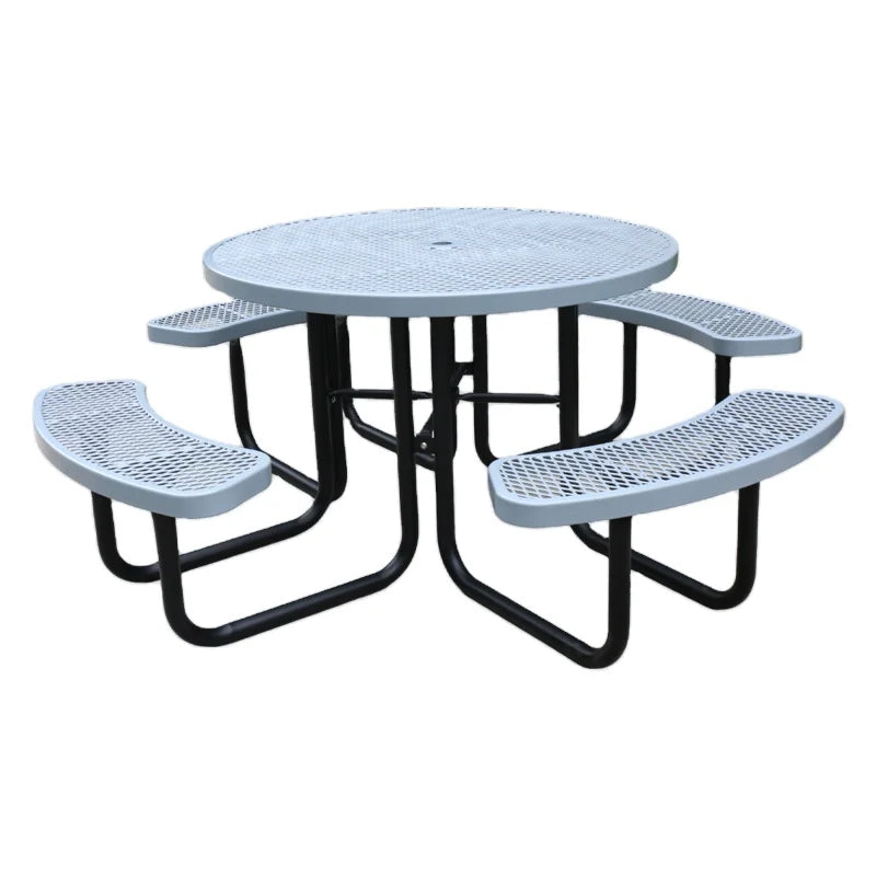 Outdoor Commercial Metal Picnic Dining Table with Attached Benches Garden Furniture Set Steel Outside Patio Cafe Table and Chair