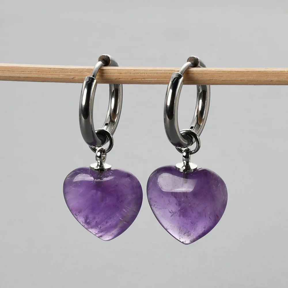 AJ439S Silver Plated Woman Rose Quartz Crystal Heart Stainless Steel Huggie Hoop Earrings