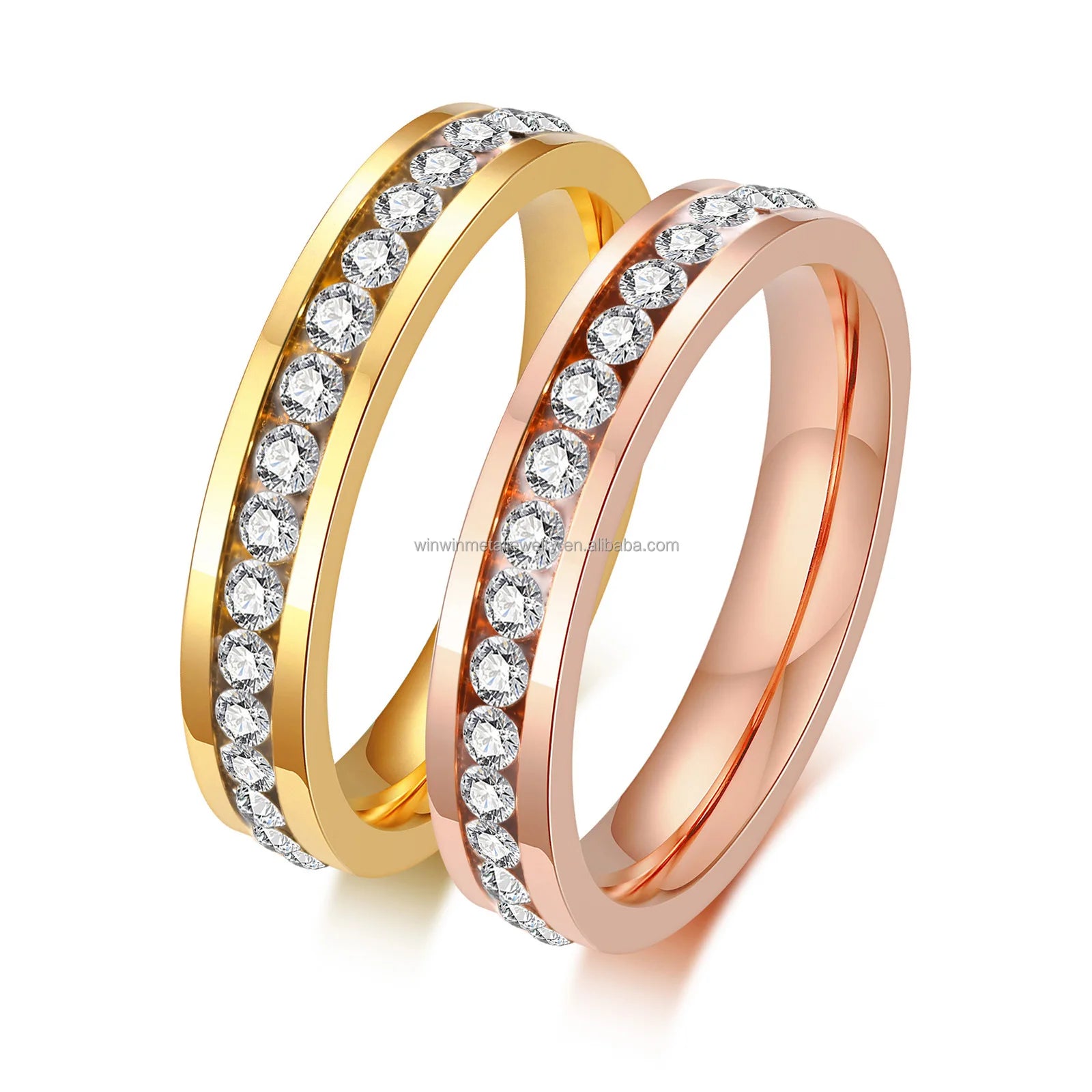 4mm Trendy Stainless Steel Wedding Promise Ring with Cubic Zirconia Waterproof Stackable Rose Gold & Black Parties Jewelry Use