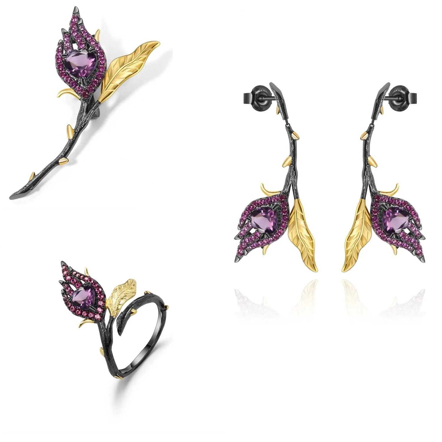Abiding Designer Style 925 Silver Branches Jewelry Natural Amethyst Woman's Adjustable Ring Gemstone Fine Jewelry Set