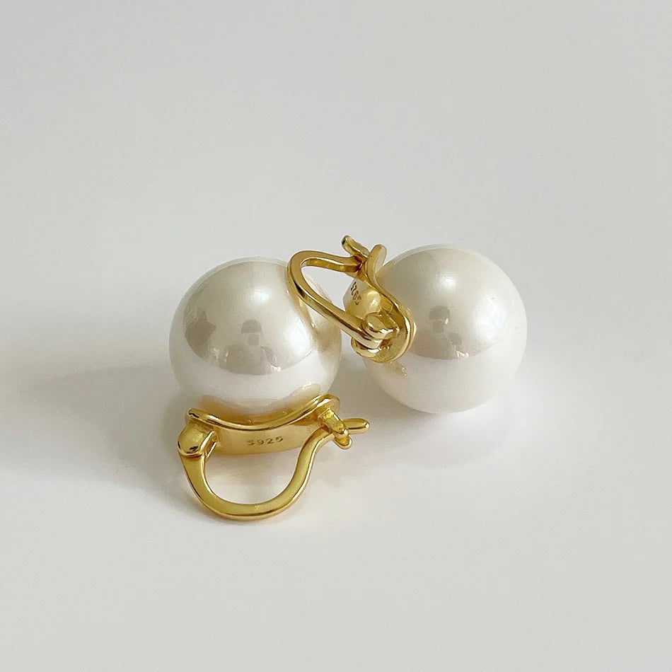 Elegant Jewelry Fashion Big Imitation Pearl Drop Huggie Earrings 925 Sterling Silver Women Earrings