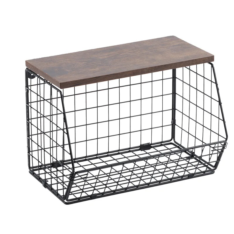 DSH Kitchen Counter Organizer Fruit Basket Metal Wire Baskets with Wood Lid