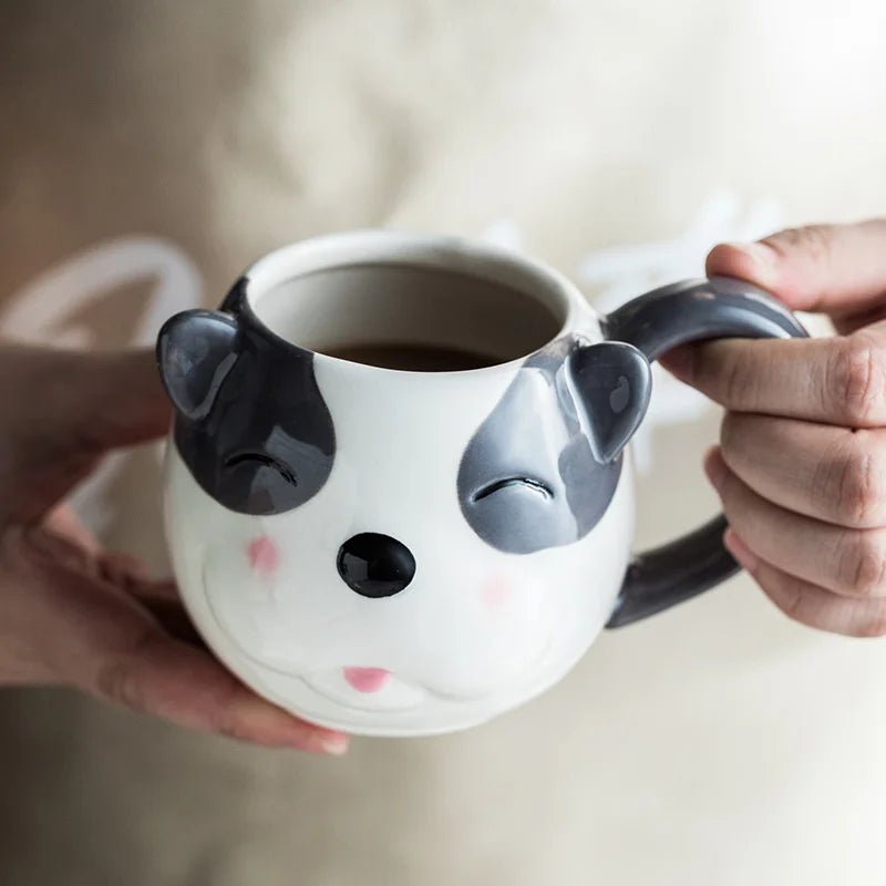 Cute Hand Painting Embossed Dog Shape Animal Milk Coffee Tea Ceramic 3d Mug
