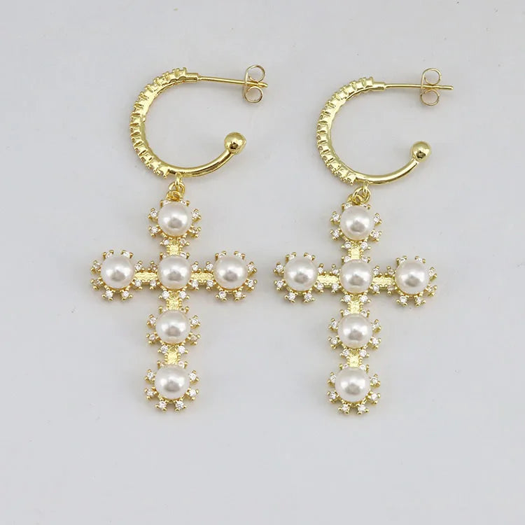 EC1945 Popular Chic Dainty 18k Gold Plated Zircon CZ Seed Pearl Dangling Charm Drop Earring