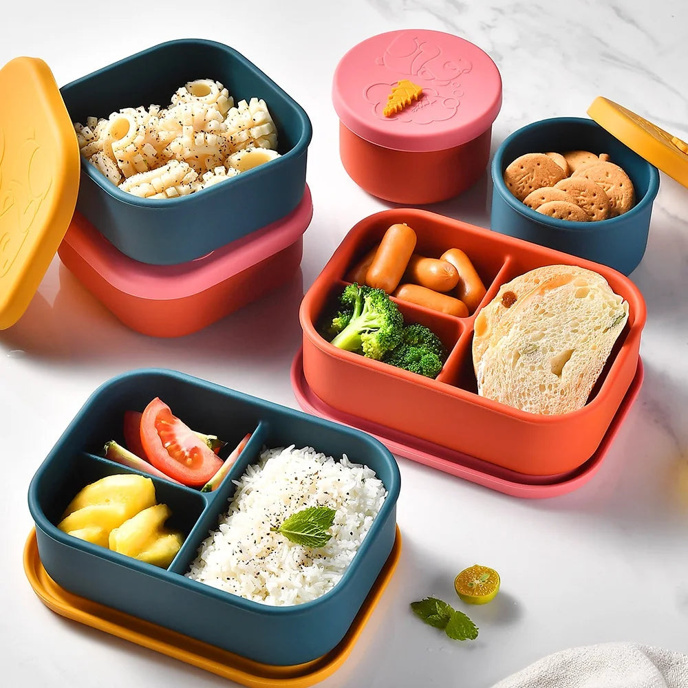 Cute Kawaii Pink Bear Bento Triple Tier Eco-friendly Food Grade Silicone Lunch Box Leak Proof Lid Microwavable Heatable
