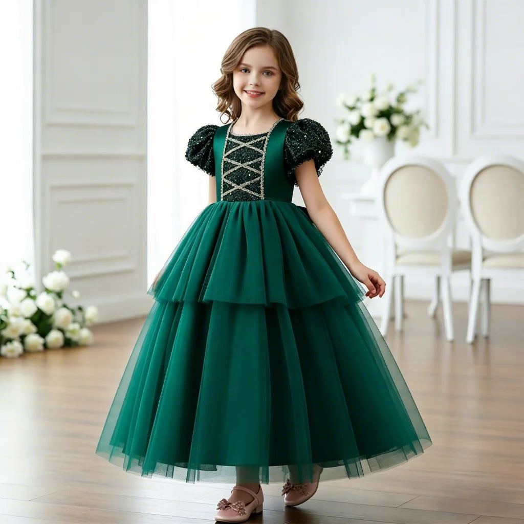 Elegant fairy Tale Children's Princess Dress Pretty Flower Girl Wedding Gown Sequins Big Girl Dresses for Formal Party