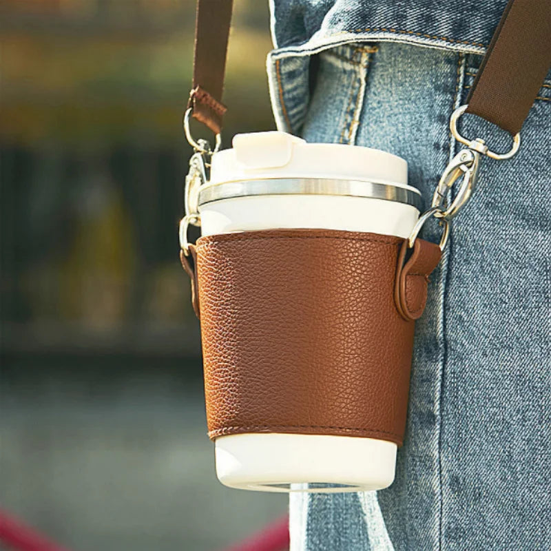 Ready to Ship Milk Tea Cup Cover Lanyard Strap PU Leather Fashion Packaging Portable Protective Cup Sleeve Holder