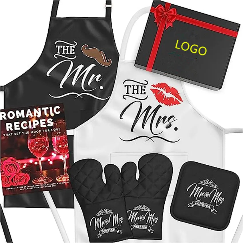 Mr. Mrs Happy Lover Couple Sleeveless Aprons for Engagement Wedding Anniversary Valentine's Day Grill Baking Kitchen Gift Box
