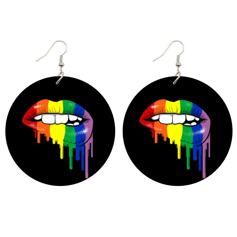 Love Dripping Lips Wooden Drop Earrings Vintage Loops Pendant Dangle Wood Earrings Jewelry Both Sides Print for Women Gifts