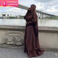 6608# 2 Pcs Sets Abaya Solid Color Premium Nida Two Pieces Frill Elasticated Cuff Jilbab Prayer Abayas 10 Colors
