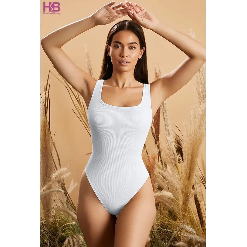 Women's Breathable Woven Body Slimming Ribbed Sleeveless Square Neck Bodysuits