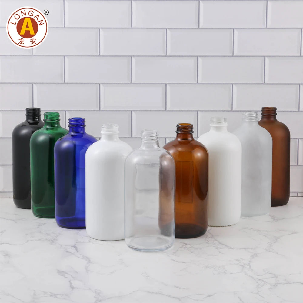 Empty clear Frosted Glass Shampoo Bottles Round Black Glass Lotion Pump Bottle 500ml Custom With Pump Wholesale in China