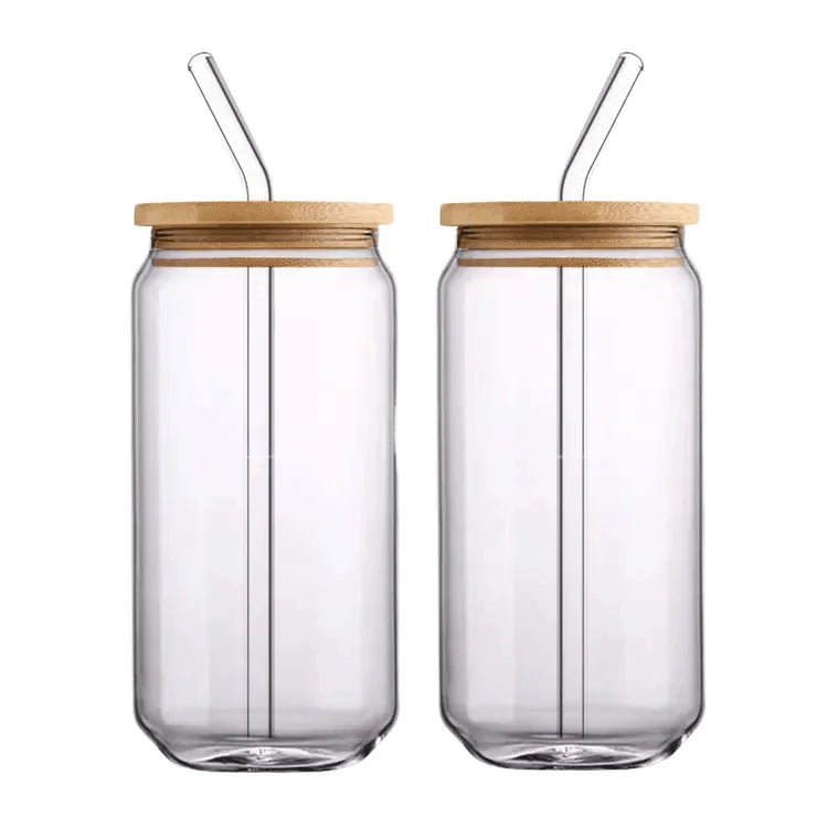 16oz Minimalist Design Glass Tumbler Cups Can Shaped Beer & Iced Coffee Glasses with Bamboo Lids & Glass Straw
