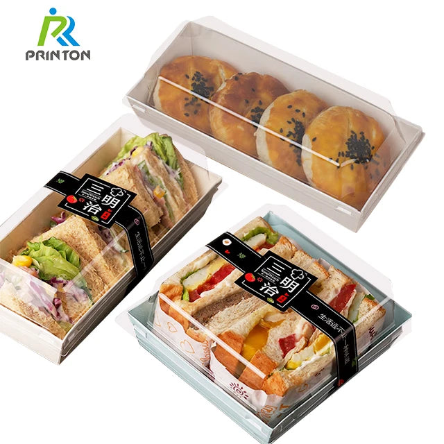 Printon Custom Takeaway Kraft Paper Macaron Cookie Packaging Box with clear Lid Sandwich Box