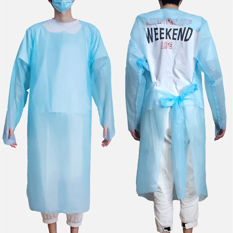 New Design Disposable Apron with Long Sleeve Thumb Loop Half Back Sky Blue Color