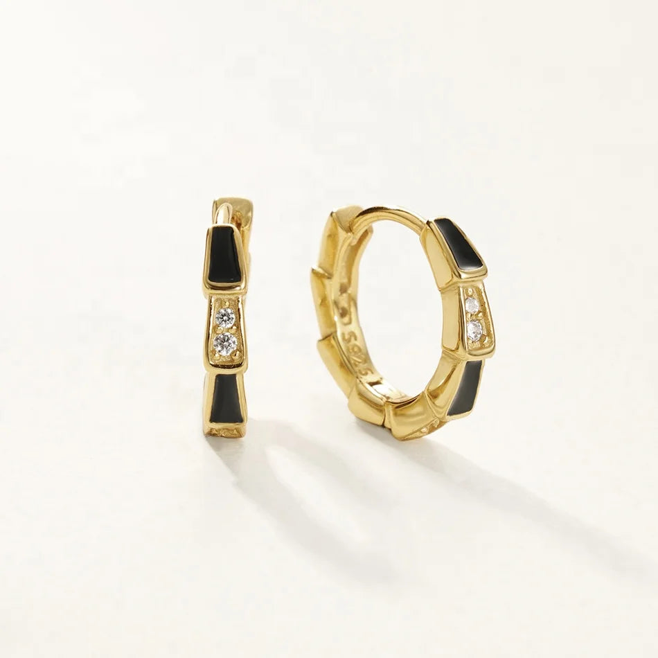 Nagosa Dainty Women Jewelry 18k Gold Vermeil 925 Sterling Silver Black Enamel Zirconia Hoop Earrings