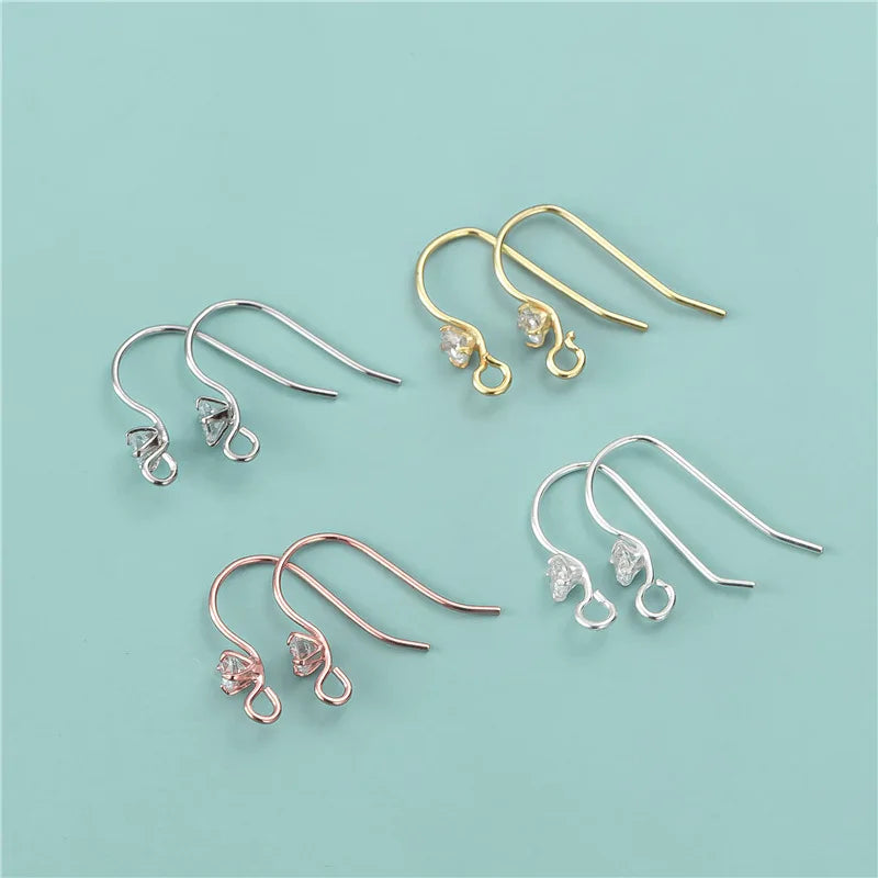 Pave Zircon French Hooks 925 Sterling Silver Ear Wires with Zircon for Jewelry Making Simple Earring Hooks with Loop