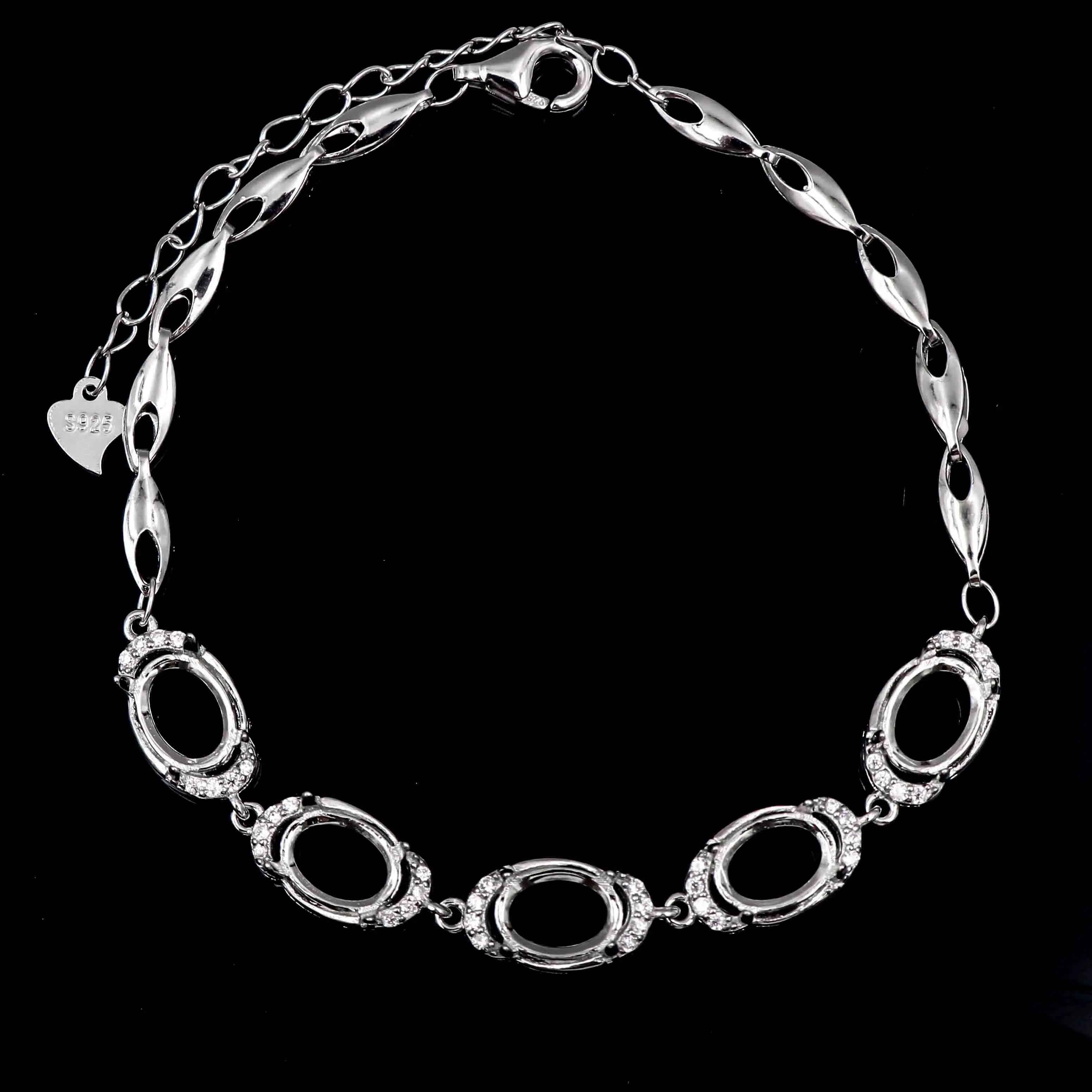 Sterling Silver 5*7/6*8mm Semi Mount Bracelet Empty Support Blank Setting S925 Base Holder Without Center Stone Inlay for DIY