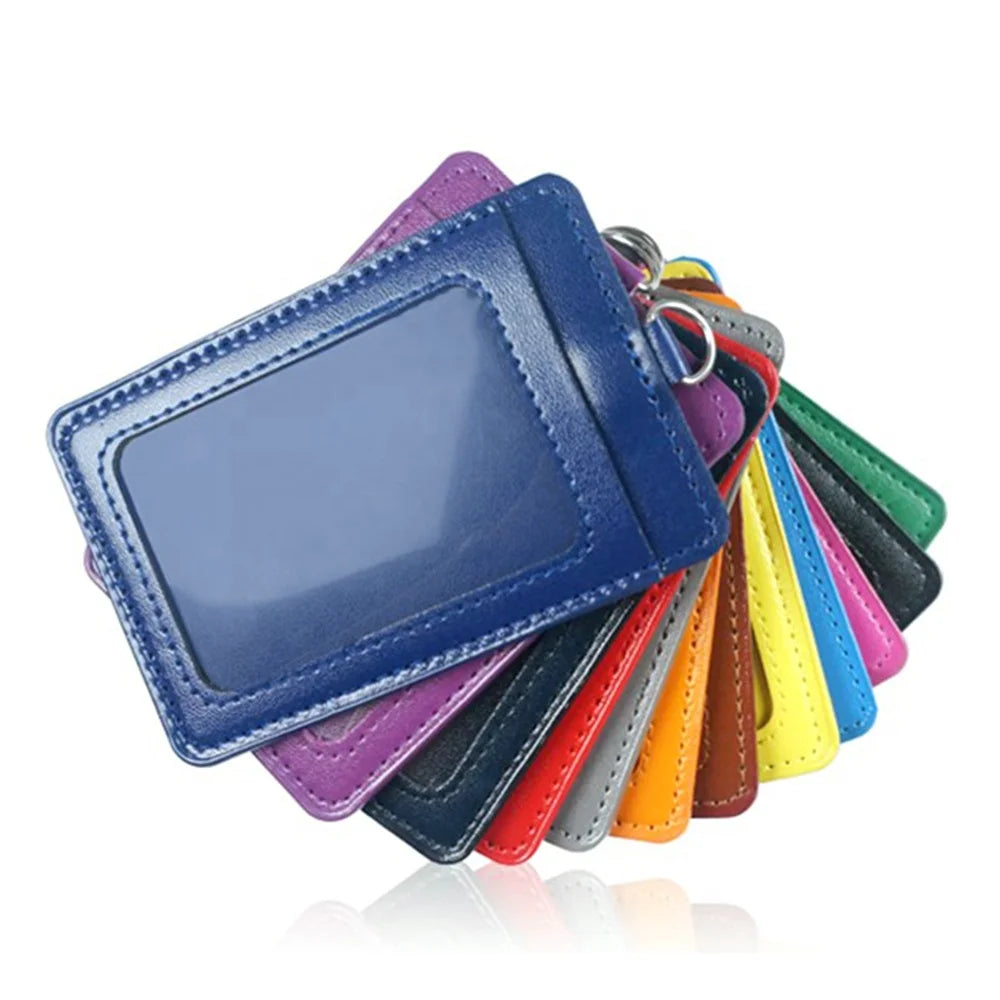 Vertical PU Leather Work School Metro Card and Access Card Name Badge Holder With Clear ID Window Detachable Neck Lanyard Strap