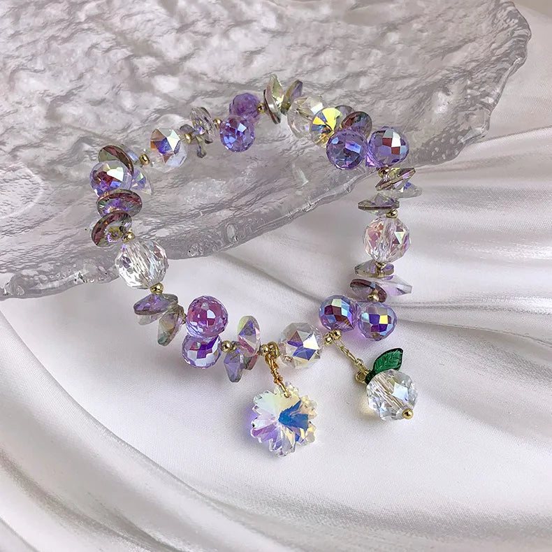 Pulseira Com Perolas Handmade Jewelry Summer Purple Crystal Beaded Bracelet Fruit Flower Charm Pearl Bracelet for Women