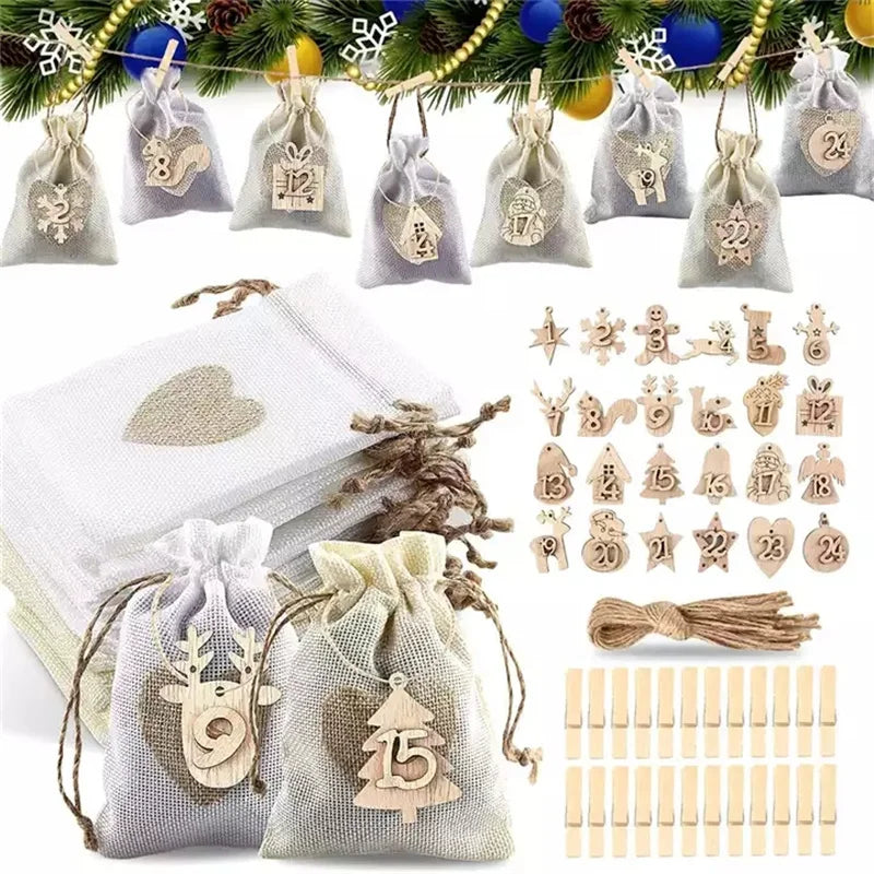 24-Number Wooden Clamp Cord Advent Calendar Bags Christmas Countdown Decorations with Numbered Tags