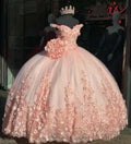 Off the Shoulder Pink Quinceanera Dresses 3D Florals Beaded Ball Gown Sweet 16 Dress Vestidos De 15 Anos Princess Gown MQ641