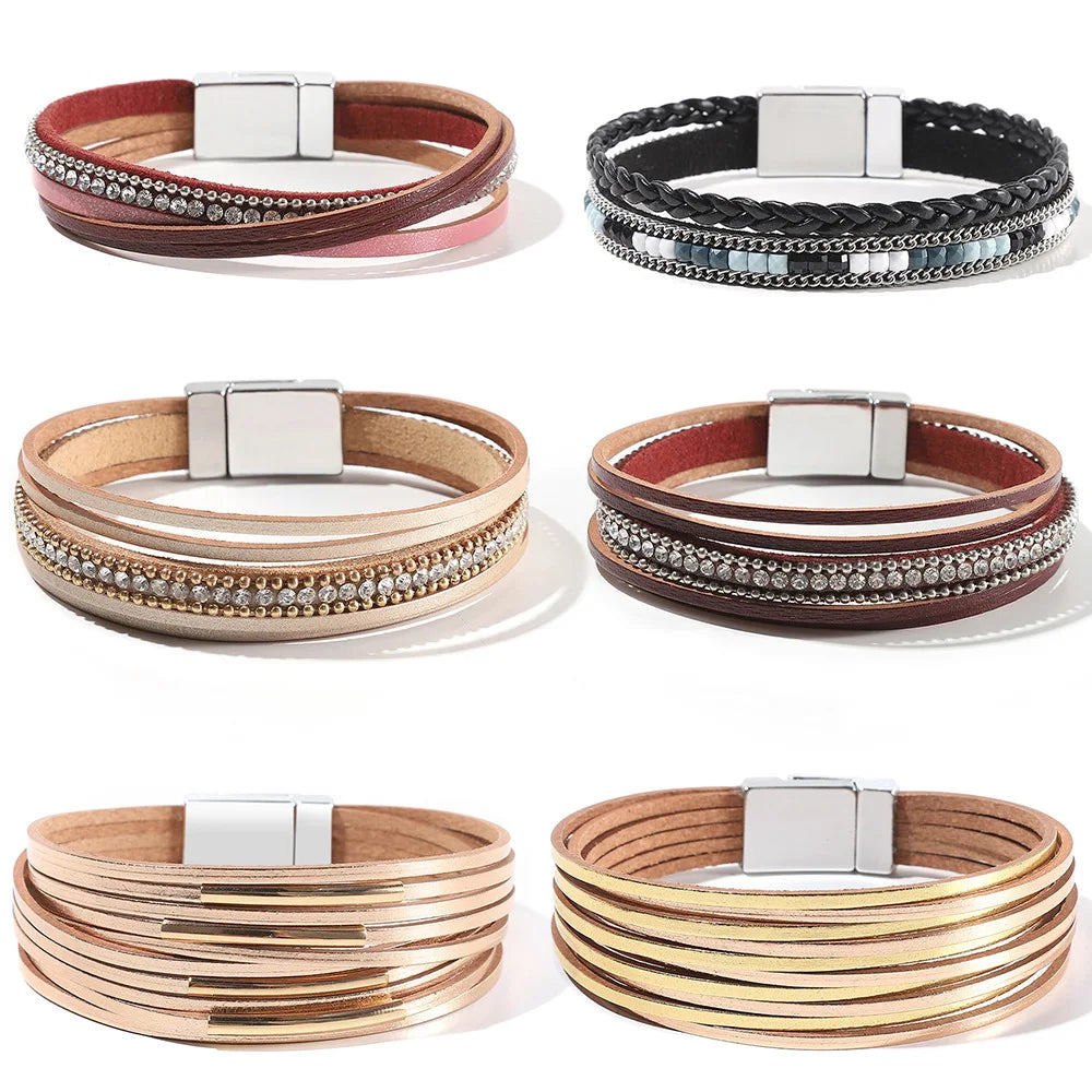 Multi-layer Woven Leather Bracelet Magnetic Buckle Bracelet Fashion Men's and Women's Leather Bracelet
