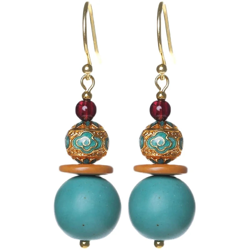Vintage Boho Ethnic Turquoise Beaded Earrings Original Design Gold Plated Pendant Dangle Drop Jewelry for Women for Weddings