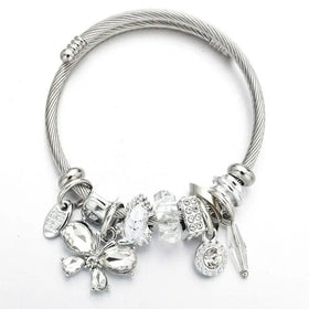 Yiwu Daicy Hot Sale Stainless Steel Open Cable Bracelet Alloy Crystal Beads Butterfly Bracelet for Women Tassel Bracelet