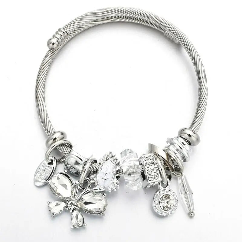 Yiwu Daicy Hot Sale Stainless Steel Open Cable Bracelet Alloy Crystal Beads Butterfly Bracelet for Women Tassel Bracelet