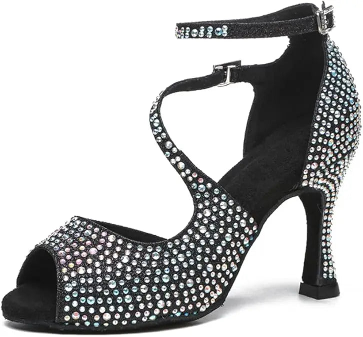 Women Rhinestone Ballroom Dance Shoes Latin Salsa Performance Jazz Tango Dance Shoes Suede Sole