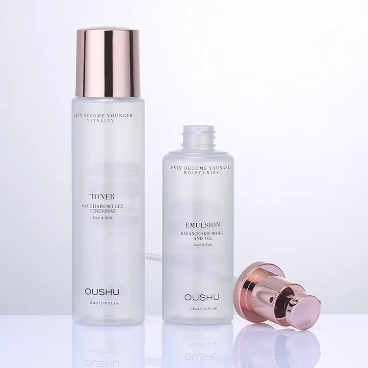 Custom logo High Quality Frosted 150ml Toner Bottle 100ml Pump Bottle 50g Jar Rose Gold Cap Emulsion Essence Lotion PET Bottle