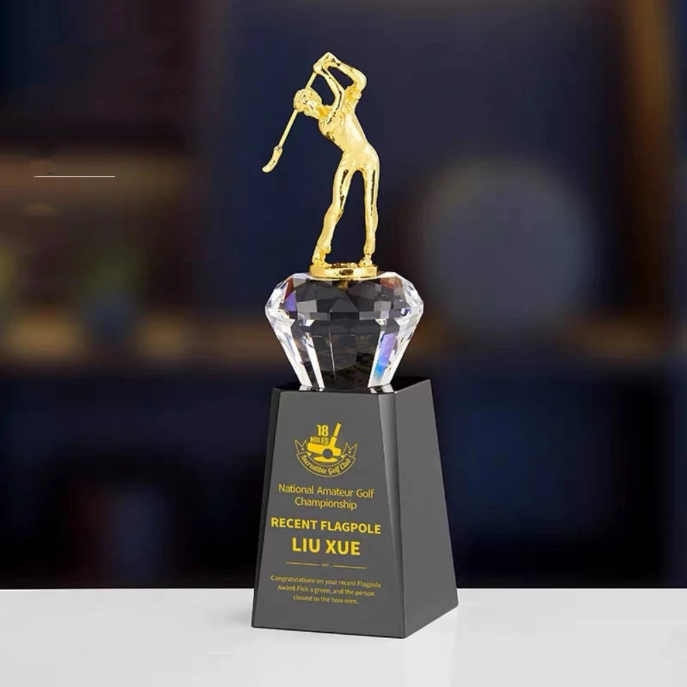 Adl New Design Golf Crystal Glass Acrylic Awards Trophy Awards with Clear Diamond Metal Black Crystal Glass Base