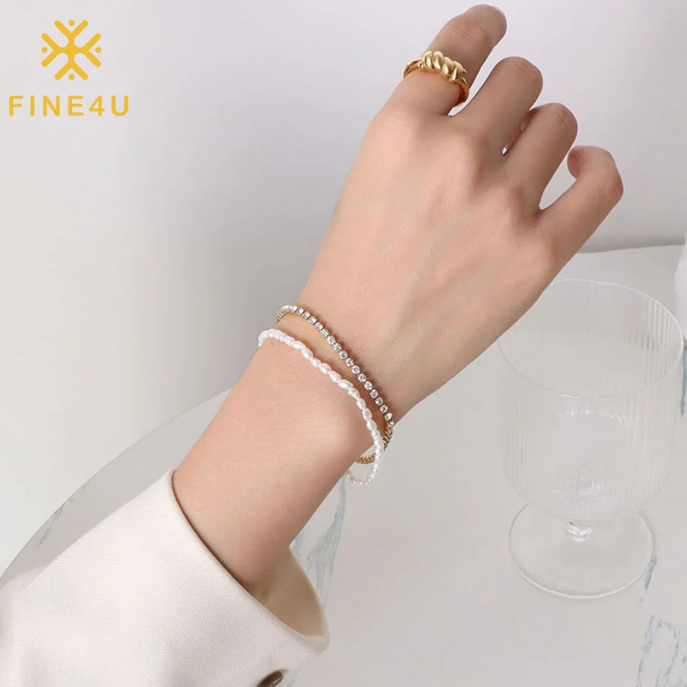 Women Fashion Jewelry Stainless Steel CZ Zircon Tennis Freshwater Pearls Multi Layer Bracelets MegaBDM
