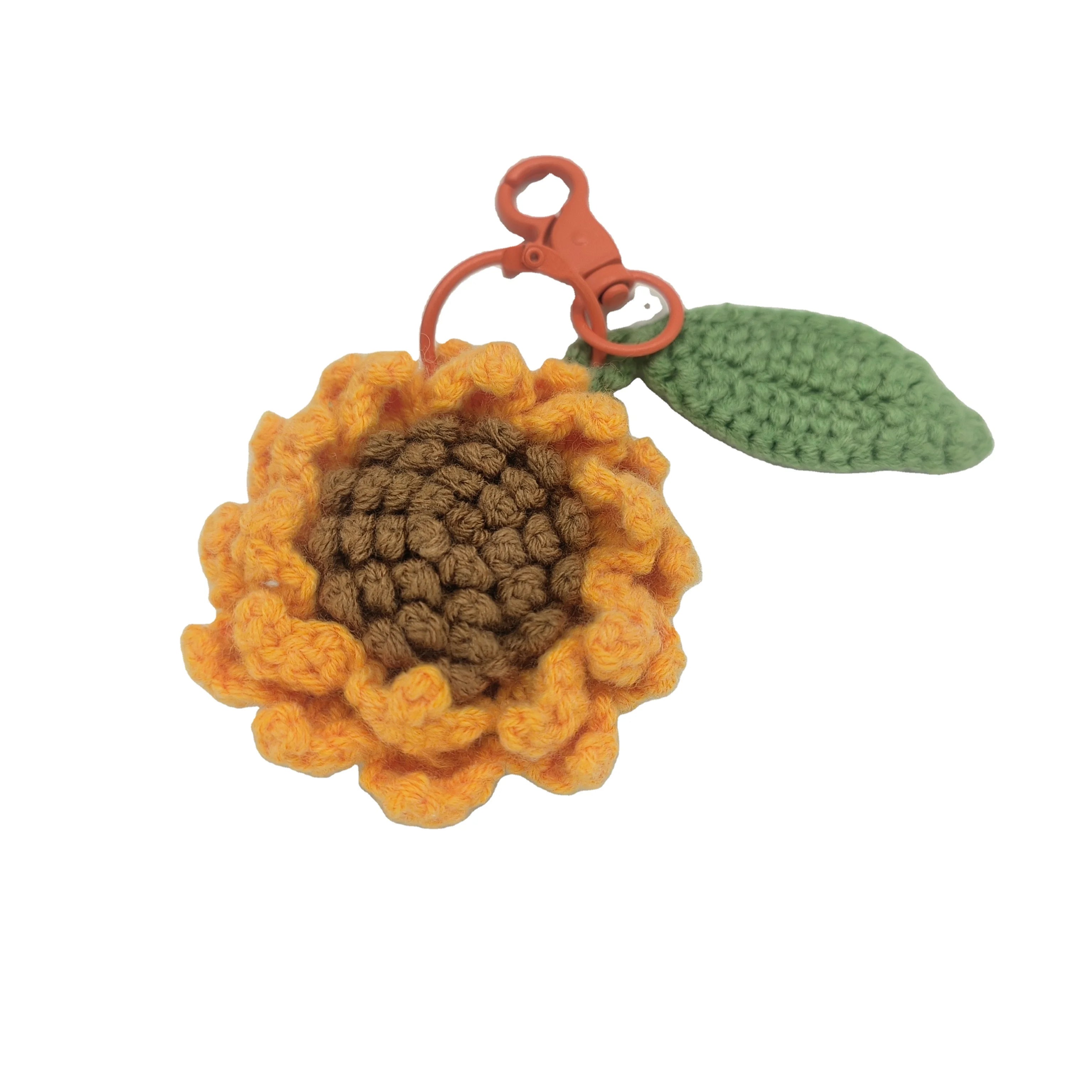 Handmade Crocheted Sunflower Charm Key Chain Car Keyring Bag Purse Pendant for Gift Photo Props