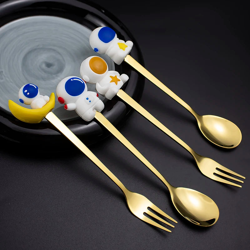 Cartoon Astronaut Design Dessert Cake Coffee Tea Stainless Steel Small Fork and Spoon Set