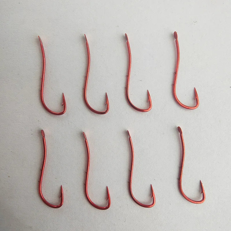 50 Pieces of Red Long Handle Double Back Thorn Worm Bait Paid Streamline Fishing with Reverse Thorn Hook Fishing