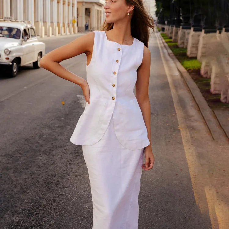 Boutique Wholesale 2026 Summer New White Square Neck Sleeveless Vest High Waist Skirt High End Fashion Women's Set