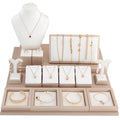 Minglu Fashion Jewelry Displays for Store Luxury Ring Necklace Jewelry Display Champaign White Leather Jewelry Stand Display Set